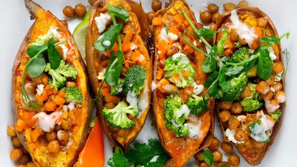 Baked sweet potatoes with broccoli and chick peas
